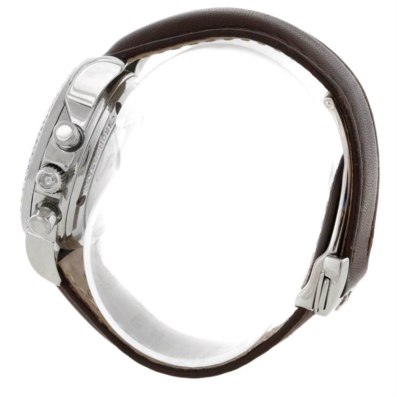 The image shows a side view of the Omega 4877.60.37 Women
s Stainless Steel Mother of Pearl Dial 4877.60.37 Women
s Stainless Steel Mother of Pearl Dial DeVille Co-Axial 1.61CT Diamond Ladies Watch 4877.60.37, highlighting the case and crown.