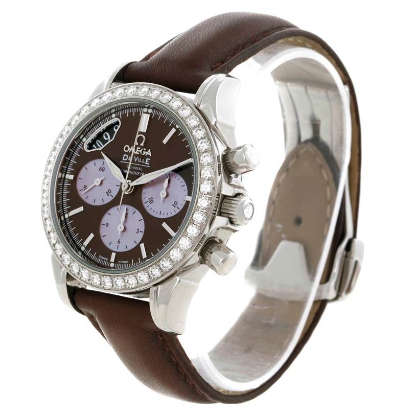 The Omega 4877.60.37 Women
s Stainless Steel Mother of Pearl Dial 4877.60.37 Women
s Stainless Steel Mother of Pearl Dial DeVille Co-Axial 1.61CT Diamond Ladies Watch 4877.60.37 is shown in a front-left angle, highlighting the dial, bezel, crown, and strap.