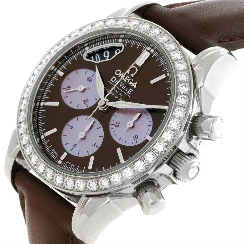 The image shows a close-up angle of the Omega 4877.60.37 Women
s Stainless Steel Mother of Pearl Dial 4877.60.37 Women
s Stainless Steel Mother of Pearl Dial DeVille Co-Axial Diamond Ladies Watch model 4877.60.37, highlighting the dial, bezel, and pushers.