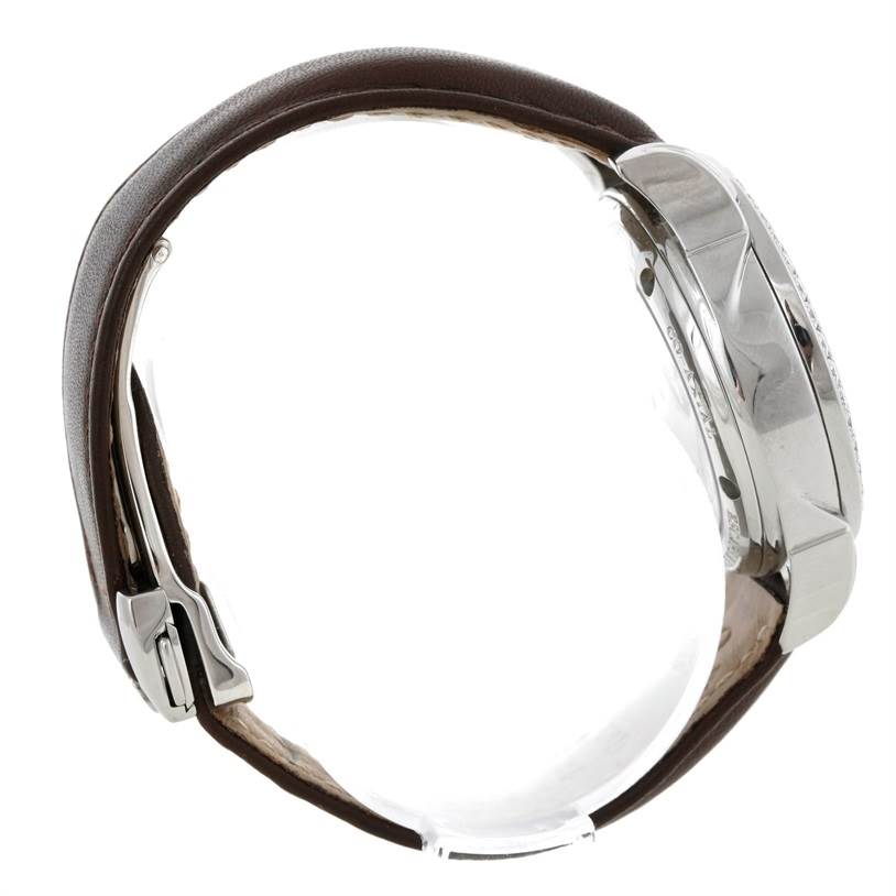 The image shows a side view of the Omega 4877.60.37 Women
s Stainless Steel Mother of Pearl Dial 4877.60.37 Women
s Stainless Steel Mother of Pearl Dial DeVille Co-Axial 1.61CT Diamond Ladies Watch 4877.60.37, highlighting its case and leather strap.