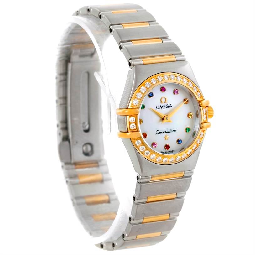 The image shows a side and front angle of the Omega 1367.79.00 Women
s Steel and Gold (two tone) Mother of Pearl Dial 1367.79.00 Women
s Steel and Gold (two tone) Mother of Pearl Dial Constellation Iris Steel Yellow Gold Multi Stone Watch model 1367.79.00.