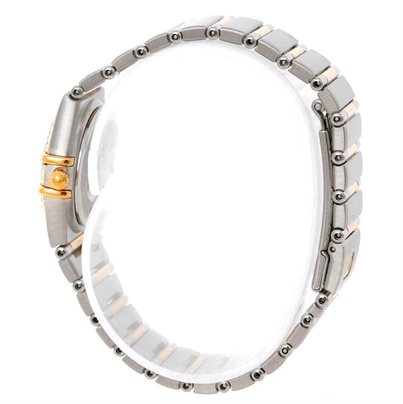 The image shows the Omega 1367.79.00 Women
s Steel and Gold (two tone) Mother of Pearl Dial 1367.79.00 Women
s Steel and Gold (two tone) Mother of Pearl Dial Constellation Iris Steel Yellow Gold Multi Stone Watch 1367.79.00 from a side angle, highlighting the strap and clasp.