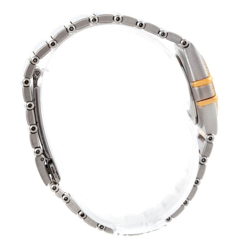 This image shows a side view of the Omega 1367.79.00 Women
s Steel and Gold (two tone) Mother of Pearl Dial 1367.79.00 Women
s Steel and Gold (two tone) Mother of Pearl Dial Constellation Iris Steel Yellow Gold Multi Stone Watch 1367.79.00, highlighting its bracelet and case.