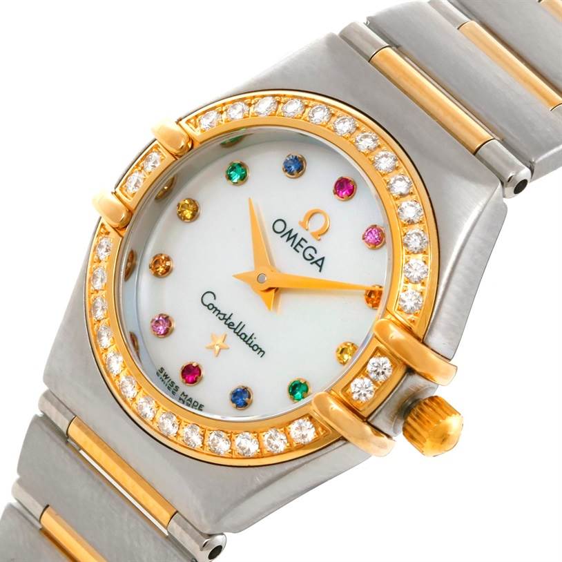 The image shows a front angle of the Omega 1367.79.00 Women
s Steel and Gold (two tone) Mother of Pearl Dial 1367.79.00 Women
s Steel and Gold (two tone) Mother of Pearl Dial Constellation Iris Steel Yellow Gold Multi Stone Watch 1367.79.00, highlighting the bezel, dial, and bracelet.