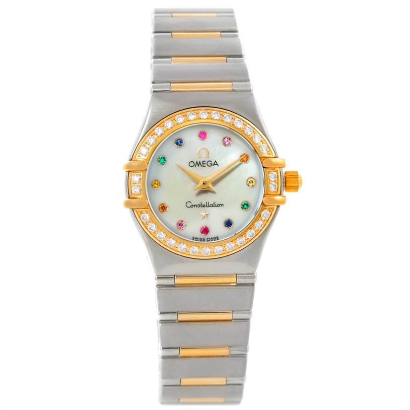 The image shows a front view of the Omega 1367.79.00 Women
s Steel and Gold (two tone) Mother of Pearl Dial 1367.79.00 Women
s Steel and Gold (two tone) Mother of Pearl Dial Constellation Iris Steel Yellow Gold Multi Stone Watch 1367.79.00, displaying the dial and bracelet.