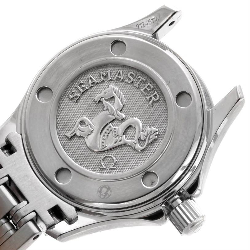 This is a rear angle showing the back case and part of the bracelet of the Omega 212.30.28.61.01.001 Women
s Stainless Steel Black Dial 212.30.28.61.01.001 Women
s Stainless Steel Black Dial Seamaster Professional 300 M Ladies Watch 212.30.28.61.01.001.