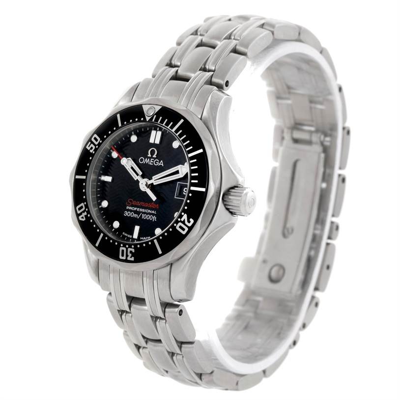The image shows an Omega 212.30.28.61.01.001 Women
s Stainless Steel Black Dial 212.30.28.61.01.001 Women
s Stainless Steel Black Dial Seamaster Professional 300 M Ladies Watch 212.30.28.61.01.001 at a three-quarter angle, displaying the bezel, dial, and bracelet.