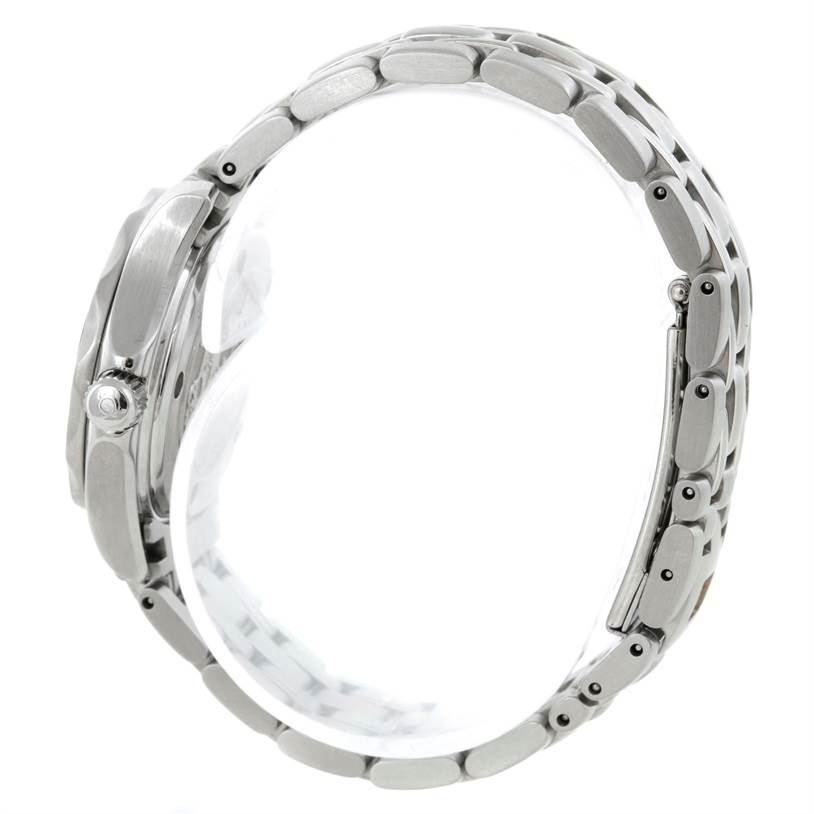 The image shows the side profile of the Omega 212.30.28.61.01.001 Women
s Stainless Steel Black Dial 212.30.28.61.01.001 Women
s Stainless Steel Black Dial Seamaster Professional 300 M Ladies Watch 212.30.28.61.01.001, focusing on the bracelet and case.