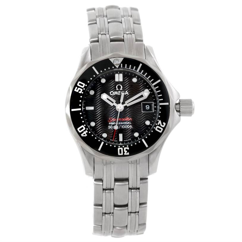 The image shows a front view of the Omega 212.30.28.61.01.001 Women
s Stainless Steel Black Dial 212.30.28.61.01.001 Women
s Stainless Steel Black Dial Seamaster Professional 300 M Ladies Watch 212.30.28.61.01.001 displaying the watch face and bracelet.