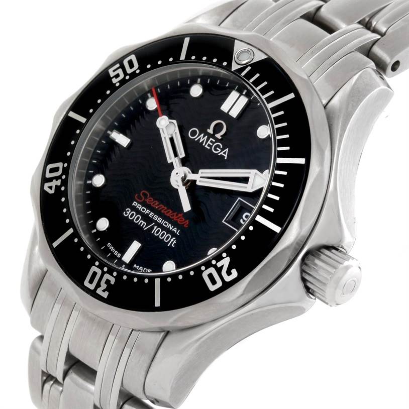 The image shows a close-up angled view of the Omega 212.30.28.61.01.001 Women
s Stainless Steel Black Dial 212.30.28.61.01.001 Women
s Stainless Steel Black Dial Seamaster Professional 300 M Ladies Watch model 212.30.28.61.01.001, focusing on the watch face and bezel.