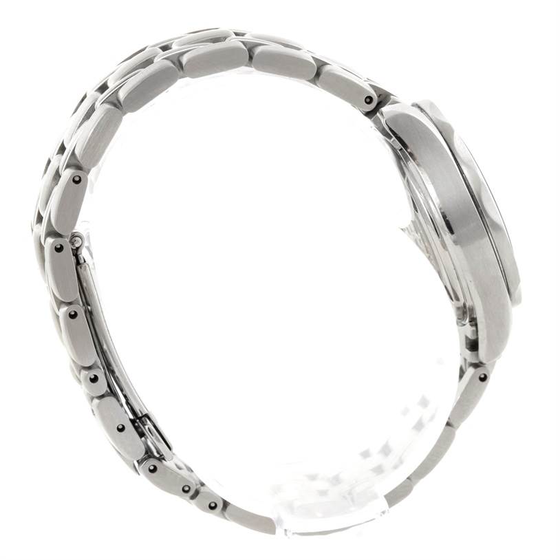 The image shows the side view of an Omega 212.30.28.61.01.001 Women
s Stainless Steel Black Dial 212.30.28.61.01.001 Women
s Stainless Steel Black Dial Seamaster Professional 300 M Ladies Watch model 212.30.28.61.01.001, focusing on the bracelet and case.