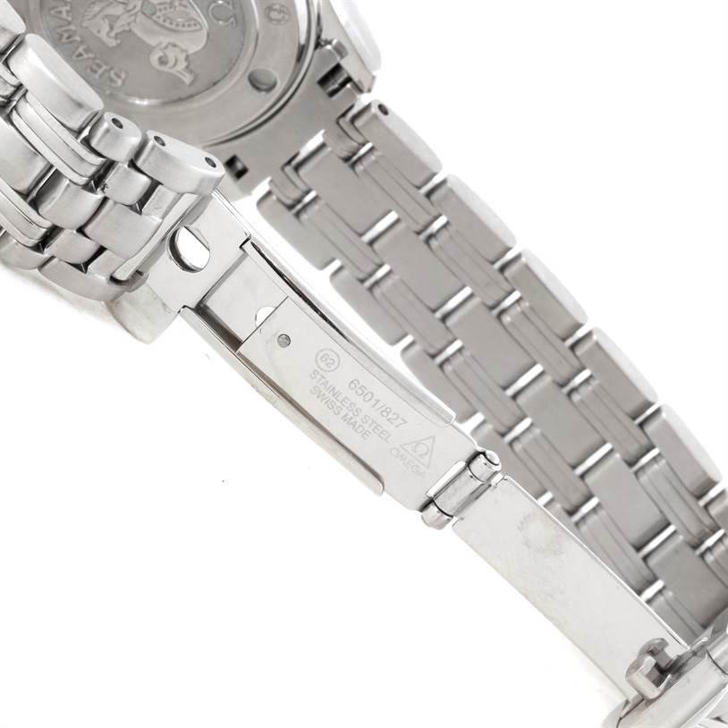 This image shows the underside of the Omega 212.30.28.61.01.001 Women
s Stainless Steel Black Dial 212.30.28.61.01.001 Women
s Stainless Steel Black Dial Seamaster Professional 300 M Ladies Watch 212.30.28.61.01.001, focusing on the clasp and bracelet.