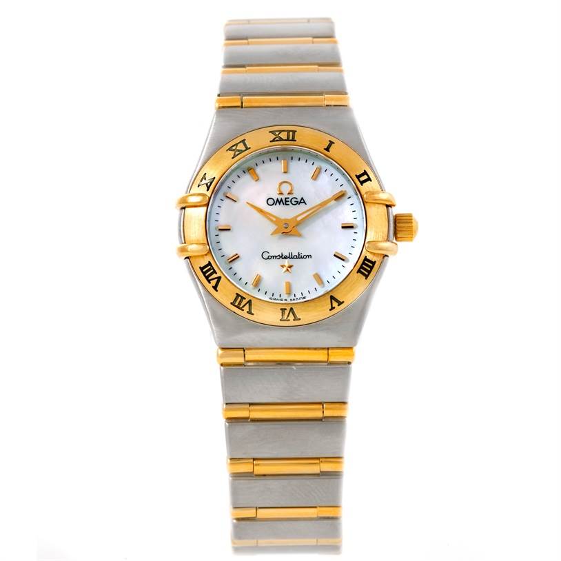 The Omega 1372.70.00 Women
s Steel and Gold (two tone) Mother of Pearl Dial 1372.70.00 Women
s Steel and Gold (two tone) Mother of Pearl Dial Constellation Steel and Gold Ladies Watch 1372.70.00 is shown from a top-down angle, focusing on the face and bracelet.