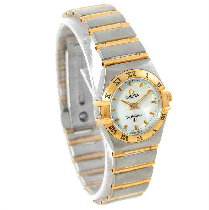 The Omega 1372.70.00 Women
s Steel and Gold (two tone) Mother of Pearl Dial 1372.70.00 Women
s Steel and Gold (two tone) Mother of Pearl Dial Constellation Steel and Gold Ladies Watch 1372.70.00 is shown at a three-quarter angle, displaying the dial, bezel, and bracelet.