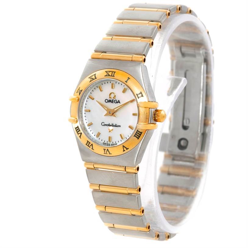 The Omega 1372.70.00 Women
s Steel and Gold (two tone) Mother of Pearl Dial 1372.70.00 Women
s Steel and Gold (two tone) Mother of Pearl Dial Constellation Steel and Gold Ladies Watch 1372.70.00 is shown at a tilted angle, highlighting the face, bezel, and bracelet.