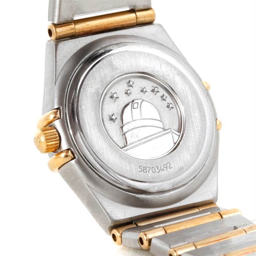 The image shows the back of an Omega 1372.70.00 Women
s Steel and Gold (two tone) Mother of Pearl Dial 1372.70.00 Women
s Steel and Gold (two tone) Mother of Pearl Dial Constellation Steel and Gold Ladies Watch 1372.70.00, including the case back and part of the bracelet.