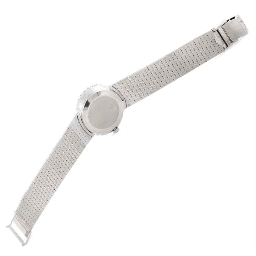 This image shows the back of the Vintage Ladies 18k White Gold 2 ct Diamond Cocktail Watch by Omega Women
s White Gold Silver Dial Women
s White Gold Silver Dial, showcasing the bracelet and case back.