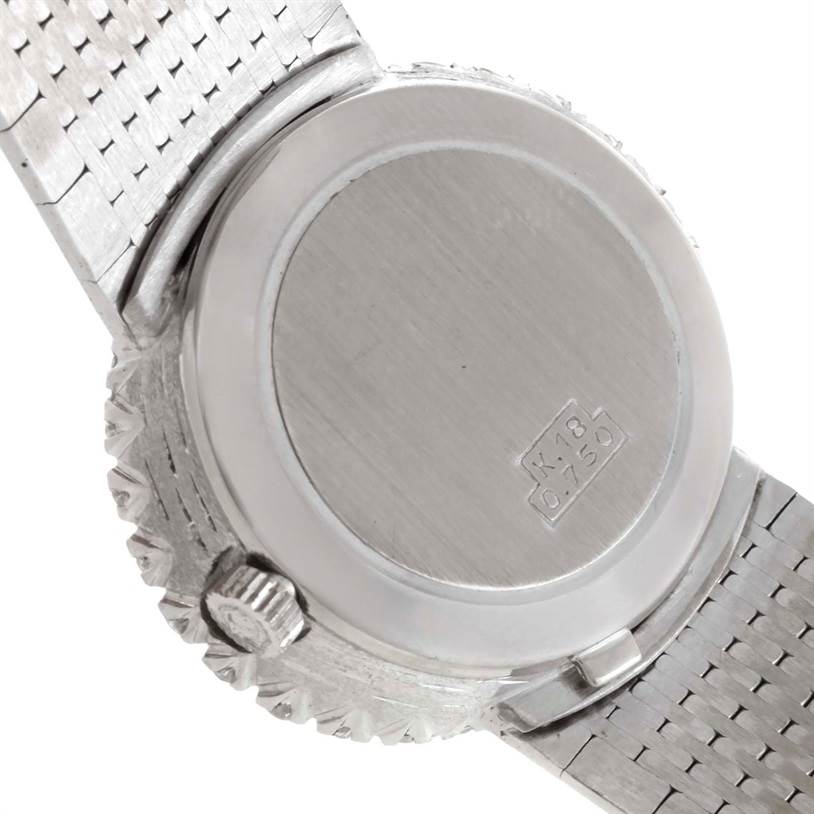 This image shows the back view and crown of the Omega Women
s White Gold Silver Dial Women
s White Gold Silver Dial Vintage Ladies 18k White Gold 2 ct Diamond Cocktail Watch.