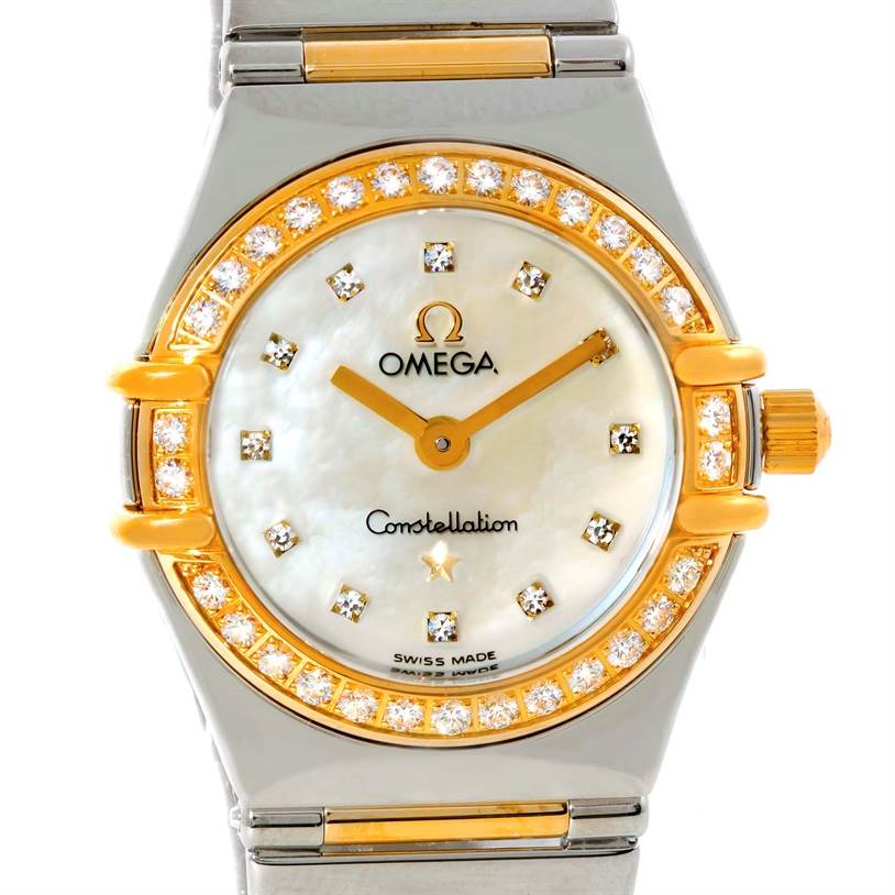 The Omega 1365.71.00 Women
s Steel and Gold (two tone) Mother of Pearl Dial 1365.71.00 Women
s Steel and Gold (two tone) Mother of Pearl Dial Constellation Mini Steel Yellow Gold Diamond Watch 1365.71.00 is shown from the front, highlighting its face and bezel.