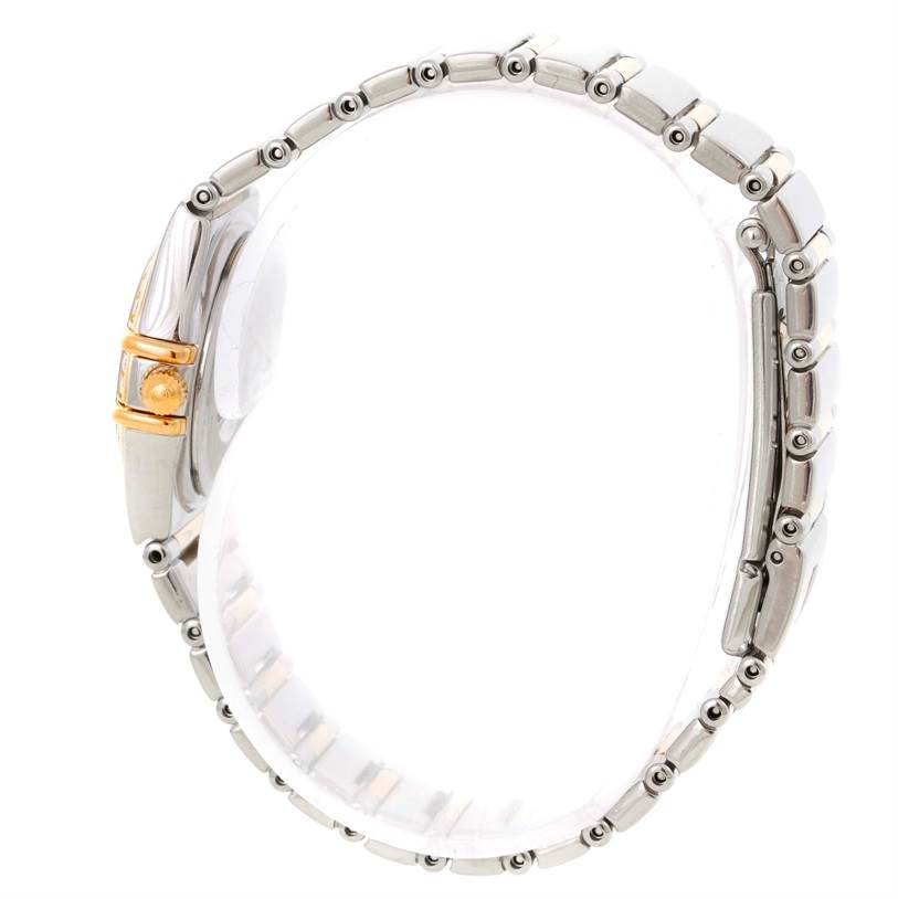 This image shows a side view of the Omega 1365.71.00 Women
s Steel and Gold (two tone) Mother of Pearl Dial 1365.71.00 Women
s Steel and Gold (two tone) Mother of Pearl Dial Constellation Mini Steel Yellow Gold Diamond Watch 1365.71.00, highlighting the bracelet and crown.