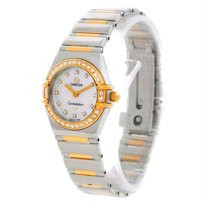 The image shows an Omega 1365.71.00 Women
s Steel and Gold (two tone) Mother of Pearl Dial 1365.71.00 Women
s Steel and Gold (two tone) Mother of Pearl Dial Constellation Mini Steel Yellow Gold Diamond Watch 1365.71.00 model, angled to display its face and bracelet.