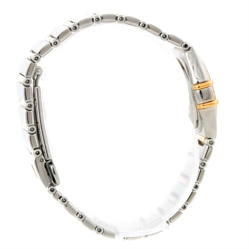 The image shows the side view of the Omega 1365.71.00 Women
s Steel and Gold (two tone) Mother of Pearl Dial 1365.71.00 Women
s Steel and Gold (two tone) Mother of Pearl Dial Constellation Mini Steel Yellow Gold Diamond Watch model 1365.71.00.