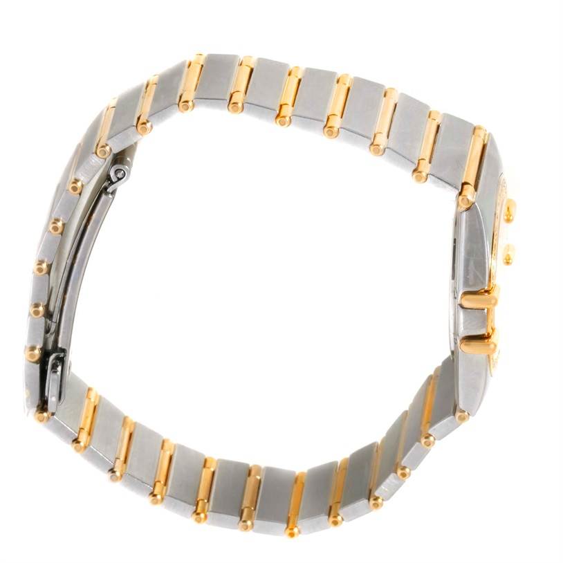 The image shows a side-angle view of the Omega Women's Steel and Gold (two tone) Black Dial Women's Steel and Gold (two tone) Black Dial Constellation My Choice Mini Steel Gold Diamond Watch, focusing on the band and clasp.
