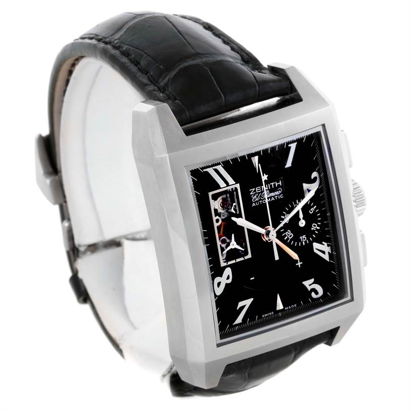 The Zenith Port Royal 03.0550.4021/21.C503 Men's Stainless Steel Black Dial 03.0550.4021/21.C503 Men's Stainless Steel Black Dial watch is shown in a three-quarter front angle, highlighting the face, case, and strap.