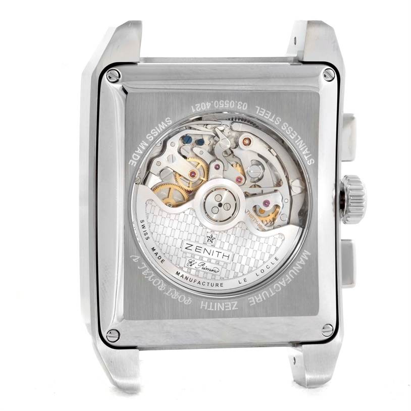 This image shows the back of the Zenith Port Royal 03.0550.4021/21.C503 Men's Stainless Steel Black Dial 03.0550.4021/21.C503 Men's Stainless Steel Black Dial watch, revealing its inner mechanical components and engraved details.