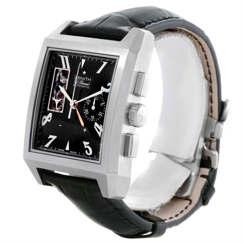 The image shows a Port Royal model by Zenith from a three-quarter angle, highlighting its dial, crown, and leather strap.