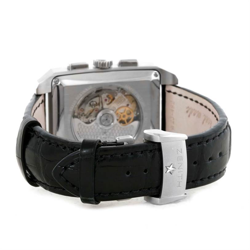 This image shows the back of the Zenith Port Royal 03.0550.4021/21.C503 Men's Stainless Steel Black Dial 03.0550.4021/21.C503 Men's Stainless Steel Black Dial watch, focusing on the leather strap and the movement through the transparent case back.