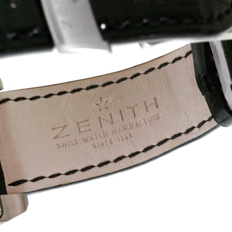 This image shows a close-up of the leather strap of a Zenith Port Royal 03.0550.4021/21.C503 Men's Stainless Steel Black Dial 03.0550.4021/21.C503 Men's Stainless Steel Black Dial watch, highlighting the brand name and stitching.