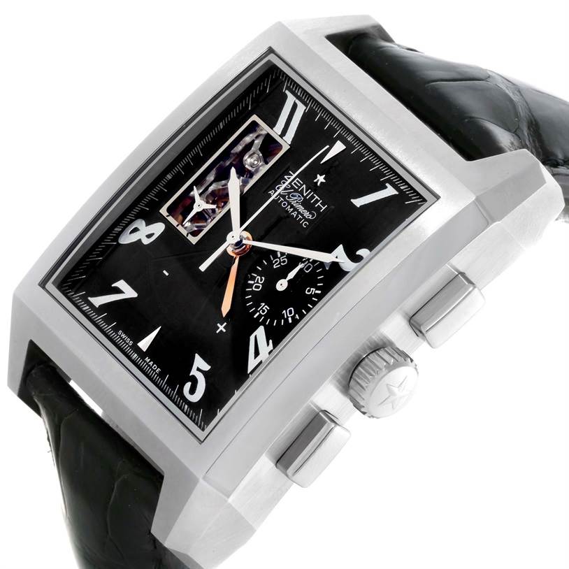 The angle shows a tilted close-up of the Zenith Port Royal 03.0550.4021/21.C503 Men's Stainless Steel Black Dial 03.0550.4021/21.C503 Men's Stainless Steel Black Dial watch highlighting its face, dial, case, crown, and pushers.