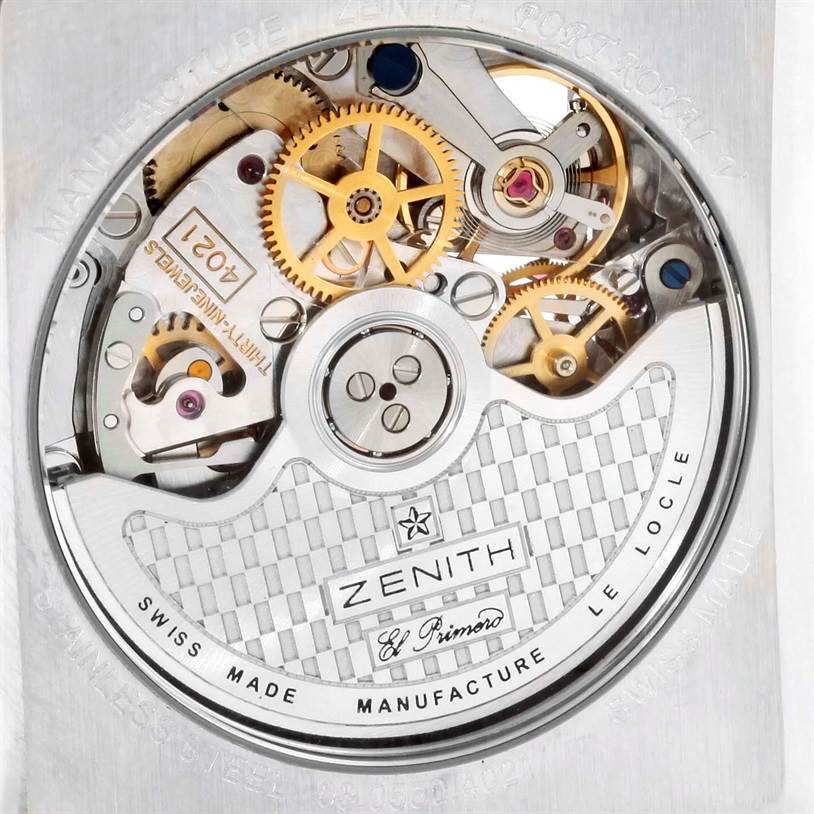 This is the movement of the Zenith Port Royal 03.0550.4021/21.C503 Men's Stainless Steel Black Dial 03.0550.4021/21.C503 Men's Stainless Steel Black Dial watch, showing gears and intricate mechanisms from a back view.