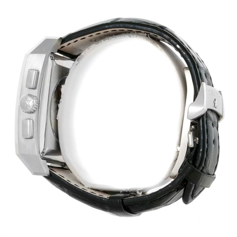 This image shows a side view of the Zenith Port Royal 03.0550.4021/21.C503 Men's Stainless Steel Black Dial 03.0550.4021/21.C503 Men's Stainless Steel Black Dial watch, focusing on the crown, pushers, and leather strap.