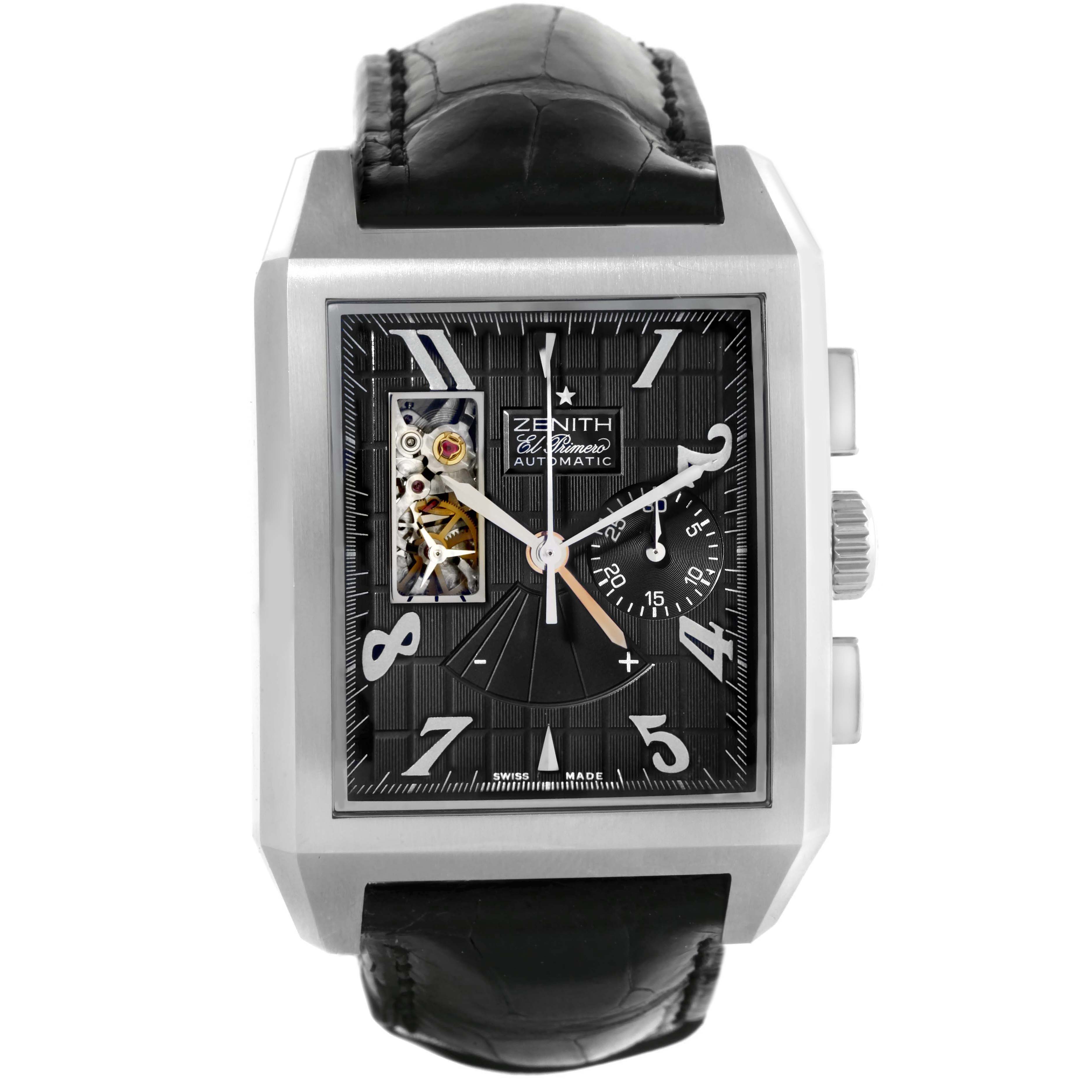 This Zenith Port Royal 03.0550.4021/21.C503 Men's Stainless Steel Black Dial 03.0550.4021/21.C503 Men's Stainless Steel Black Dial watch is shown from the front, displaying the face, crown, and pushers.