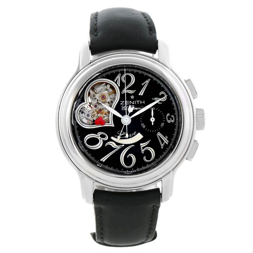 The image shows a front view of the Zenith El Primero 03.1230.4021/21.C545 Women's Stainless Steel Black Dial 03.1230.4021/21.C545 Women's Stainless Steel Black Dial watch, featuring its dial, hands, visible movement, and strap.