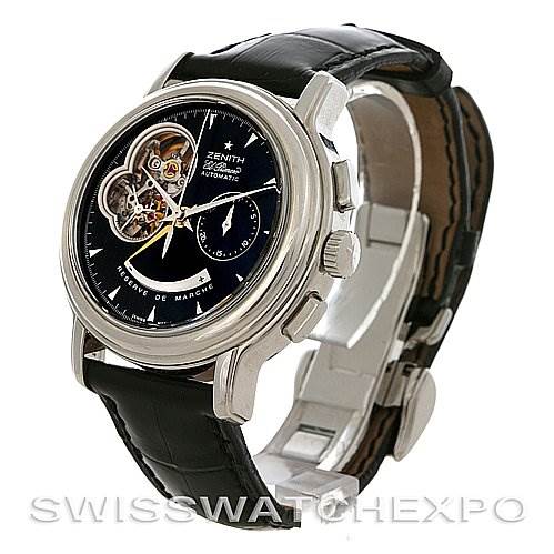 The Zenith Chronomaster 03.0240.4021/21.C495 Men's Stainless Steel Black Dial 03.0240.4021/21.C495 Men's Stainless Steel Black Dial watch is shown at an angled side view highlighting its face, crown, and black leather strap.