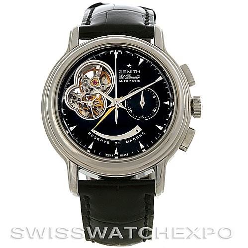 The image shows a Zenith Chronomaster 03.0240.4021/21.C495 Men's Stainless Steel Black Dial 03.0240.4021/21.C495 Men's Stainless Steel Black Dial watch from the front, highlighting the dial, hands, sub-dials, and partially visible inner mechanisms.