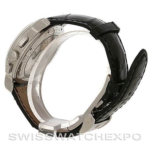 The image shows a side view of a Zenith Chronomaster 03.0240.4021/21.C495 Men's Stainless Steel Black Dial 03.0240.4021/21.C495 Men's Stainless Steel Black Dial watch with a black leather strap and visible crown and pushers.