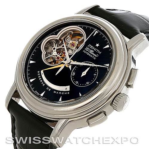 The image shows a Zenith Chronomaster 03.0240.4021/21.C495 Men's Stainless Steel Black Dial 03.0240.4021/21.C495 Men's Stainless Steel Black Dial watch at an angled view, highlighting its dial, crown, and partial leather strap.