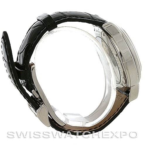 The image shows a side view of the Zenith Chronomaster 03.0240.4021/21.C495 Men's Stainless Steel Black Dial 03.0240.4021/21.C495 Men's Stainless Steel Black Dial watch, highlighting the leather strap, clasp, case, and side profile of the watch.