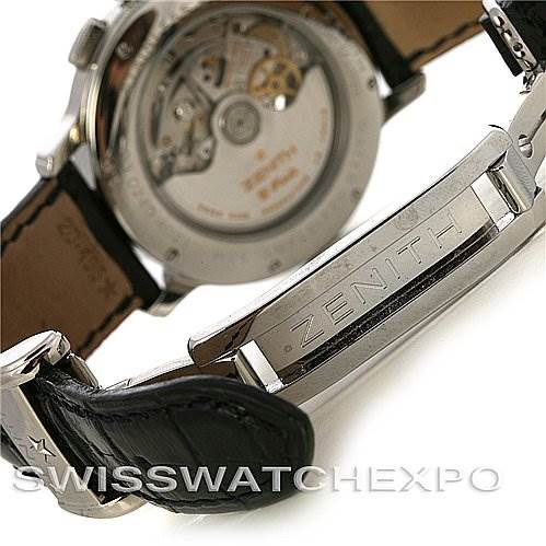 This image shows the back view of a Zenith Chronomaster 03.0240.4021/21.C495 Men's Stainless Steel Black Dial 03.0240.4021/21.C495 Men's Stainless Steel Black Dial watch, focusing on the movement, strap, and clasp engraved with "ZENITH."