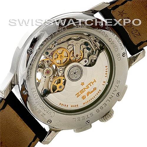 The Zenith Chronomaster 03.0240.4021/21.C495 Men's Stainless Steel Black Dial 03.0240.4021/21.C495 Men's Stainless Steel Black Dial watch is shown from the back, revealing its inner mechanical movement and gears.