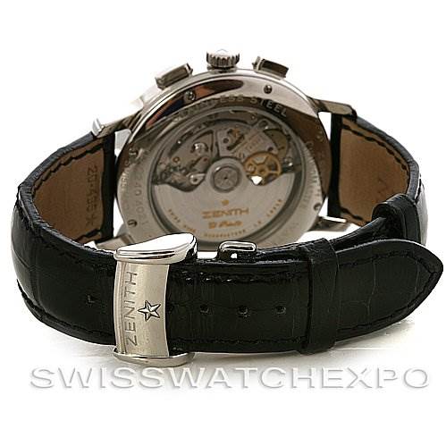 The image shows the back of a Zenith Chronomaster 03.0240.4021/21.C495 Men's Stainless Steel Black Dial 03.0240.4021/21.C495 Men's Stainless Steel Black Dial watch, displaying its movement and black leather strap.