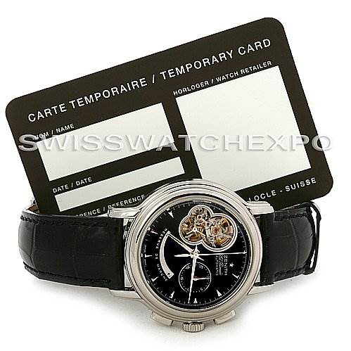 The Zenith Chronomaster 03.0240.4021/21.C495 Men's Stainless Steel Black Dial 03.0240.4021/21.C495 Men's Stainless Steel Black Dial watch is shown at a front angle, displaying the face and strap, with a temporary card in the background.