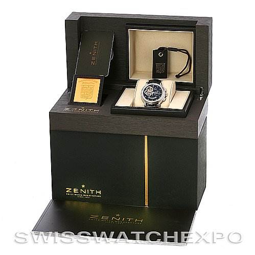 The image shows the Zenith Chronomaster 03.0240.4021/21.C495 Men's Stainless Steel Black Dial 03.0240.4021/21.C495 Men's Stainless Steel Black Dial watch, box, and manual from a frontal angle.