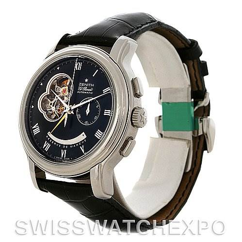 This image shows the Zenith Chronomaster 03.1260.4021/21.C505 Men
s Stainless Steel Black Dial 03.1260.4021/21.C505 Men
s Stainless Steel Black Dial watch at a three-quarter angle, displaying the face, case, crown, and leather strap.