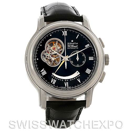 This image shows a front view of a Zenith Chronomaster 03.1260.4021/21.C505 Men
s Stainless Steel Black Dial 03.1260.4021/21.C505 Men
s Stainless Steel Black Dial watch with visible gears, black dial, and leather strap.