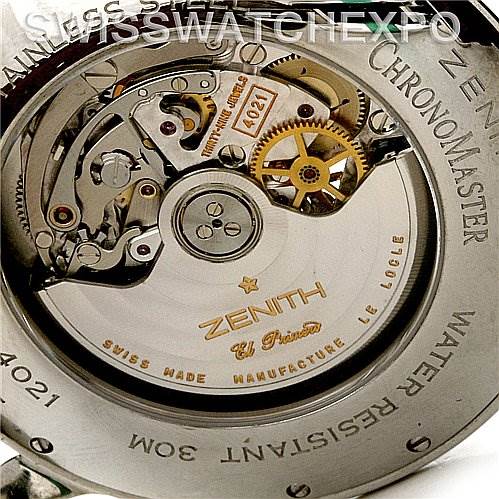 This image shows the back view of a Zenith Chronomaster 03.1260.4021/21.C505 Men
s Stainless Steel Black Dial 03.1260.4021/21.C505 Men
s Stainless Steel Black Dial watch, highlighting its inner mechanisms and automatic movement.